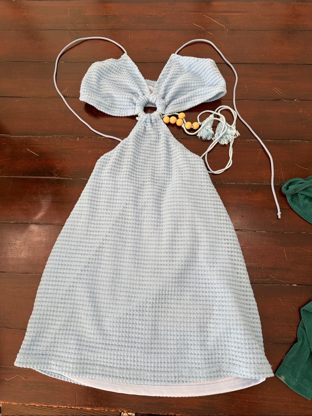 SHEIN Light Blue Textured Halter with Bead Tie Detail